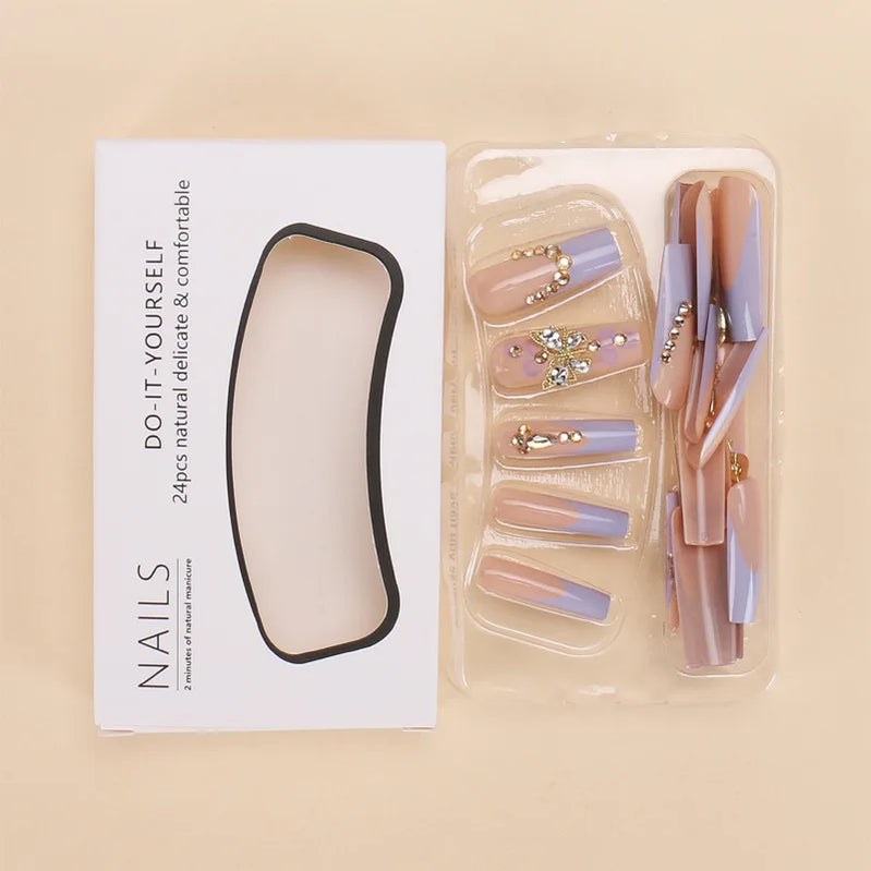 24Pc Purple Elegant Ballet Square Press-On French Nail Tips with 3D Butterfly&Floral Design Romantic Glitter Nail for Party Wear