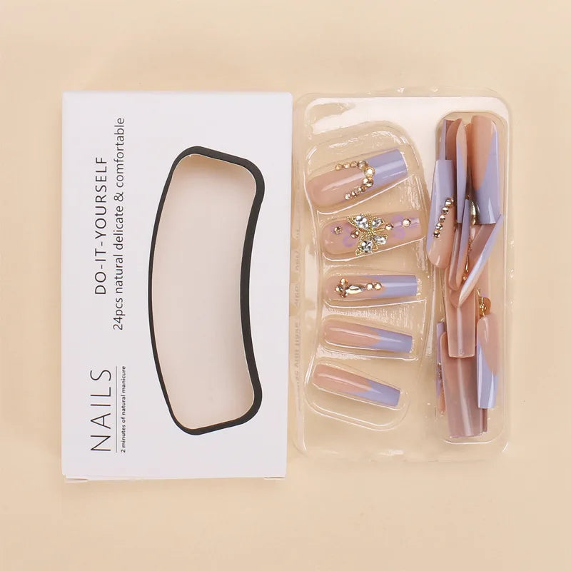 24Pc Purple Elegant Ballet Square Press-On French Nail Tips with 3D Butterfly&Floral Design Romantic Glitter Nail for Party Wear