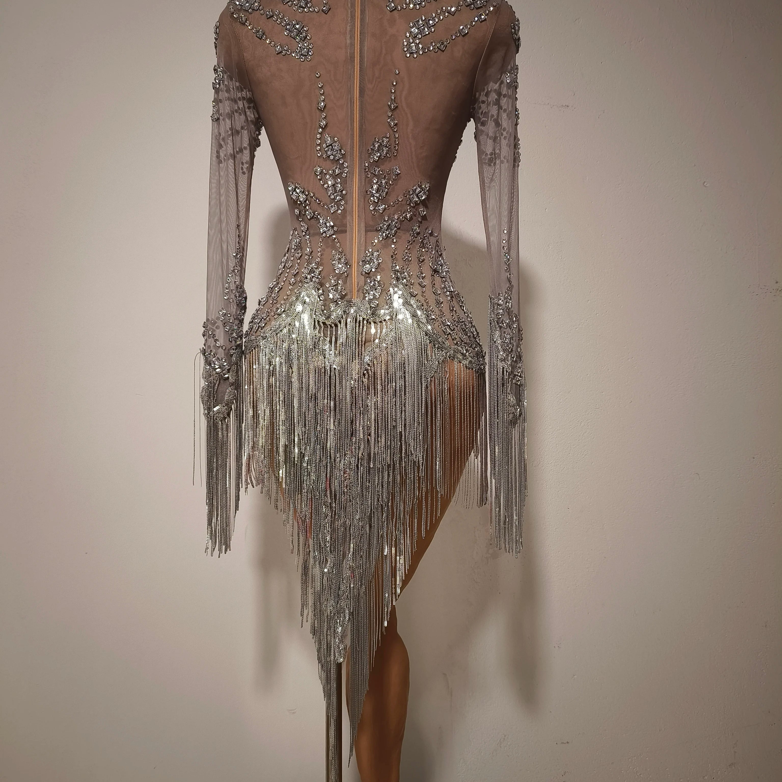Women Sexy Mesh Silver Gray Crystal Stretchy Night Club Singer Dancer Tassel Dancer tage Costume Mini Party Dress