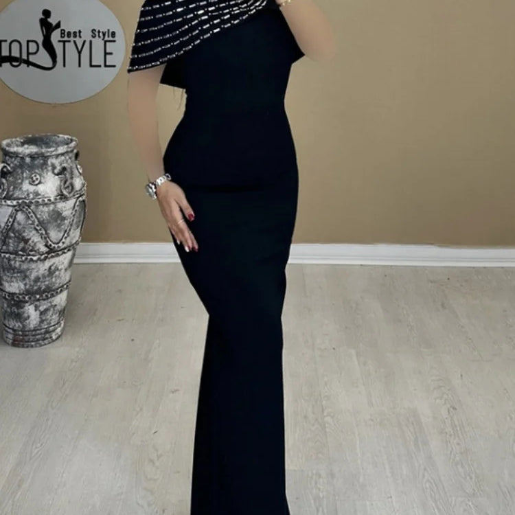 Vestido longo bandagem preto feminino, sexy, decote em V, brilhante, cristal, colado, elegante, festa à noite, coquetel, tapete vermelho