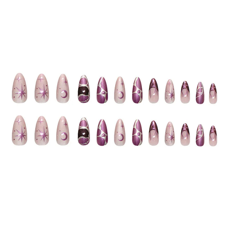 24pcs Punk Purple Press on Nails Star Moon Print y2k Style False Nails for Girl Wearable Reusable European Almond Fake Nail Tips