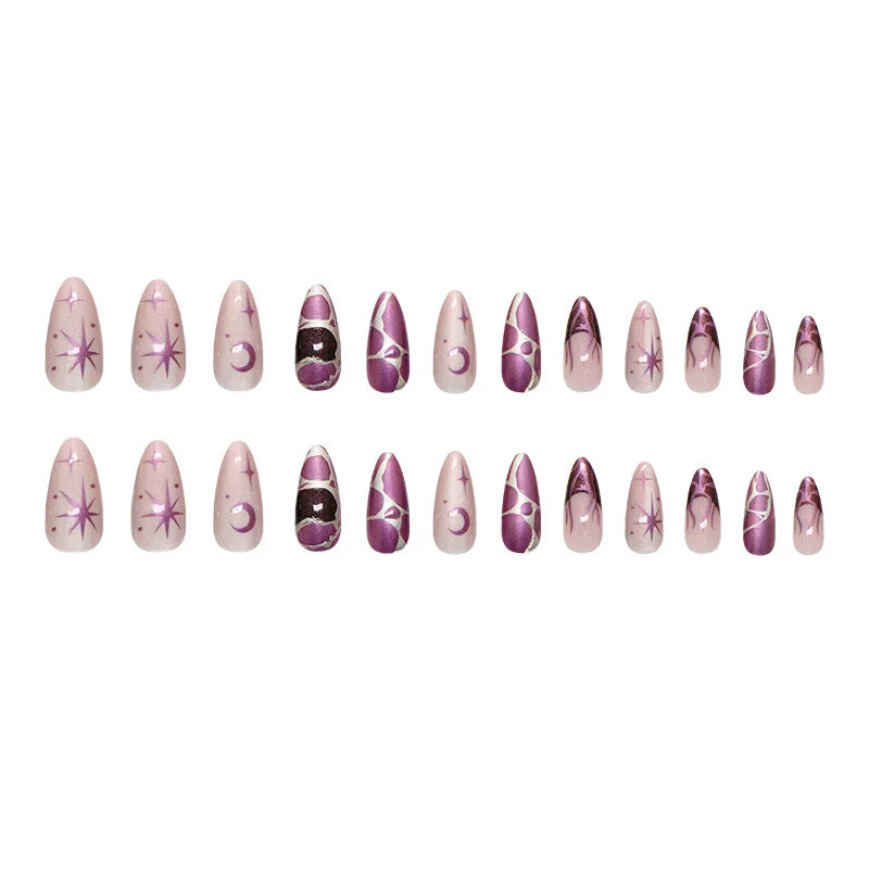 24pcs Punk Purple Press on Nails Star Moon Print y2k Style False Nails for Girl Wearable Reusable European Almond Fake Nail Tips