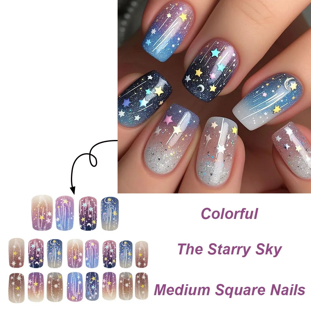 24Pcs Fake Nails with Colorful Starry Sky Square Press on Nails Full Cover Dreamy Star Moon Meteor Girl Detachable Nail Tips Art