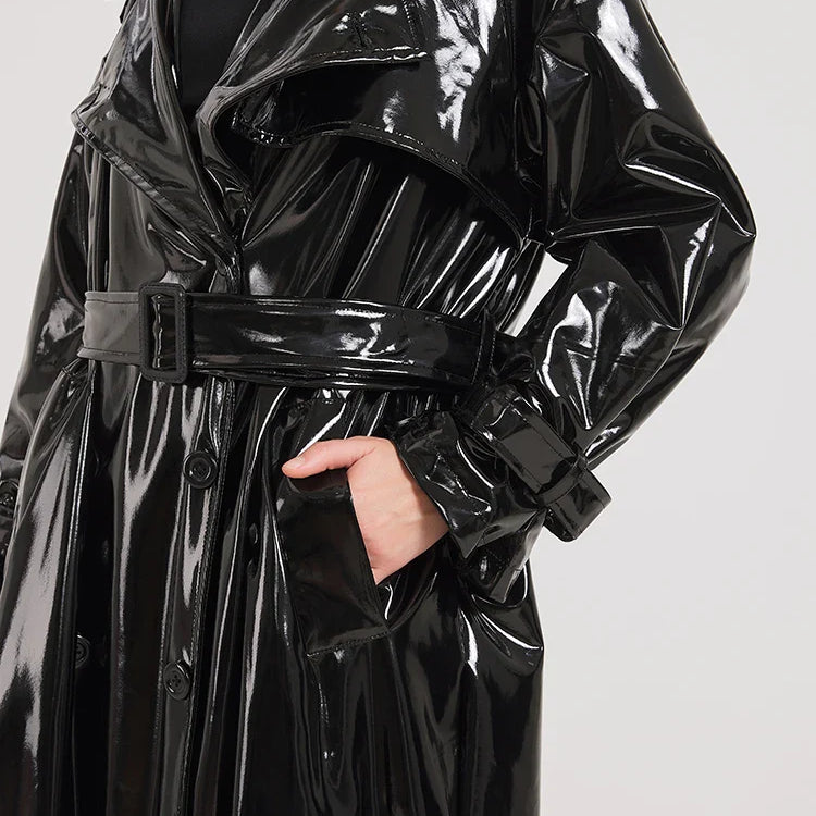 Spring Autumn Extra Long Black Shiny Reflective Soft Stretchy Patent Leather Trench Coat for Women Maxi Overcoat 2024