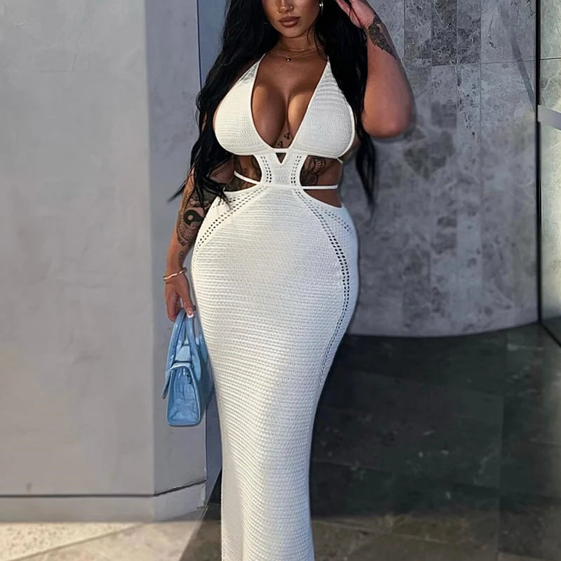 Hollow Out Halter Sexy Mini Dress Women Summer Sleeveless Backless Skinny Club Party Knit Tank Dress Vestido