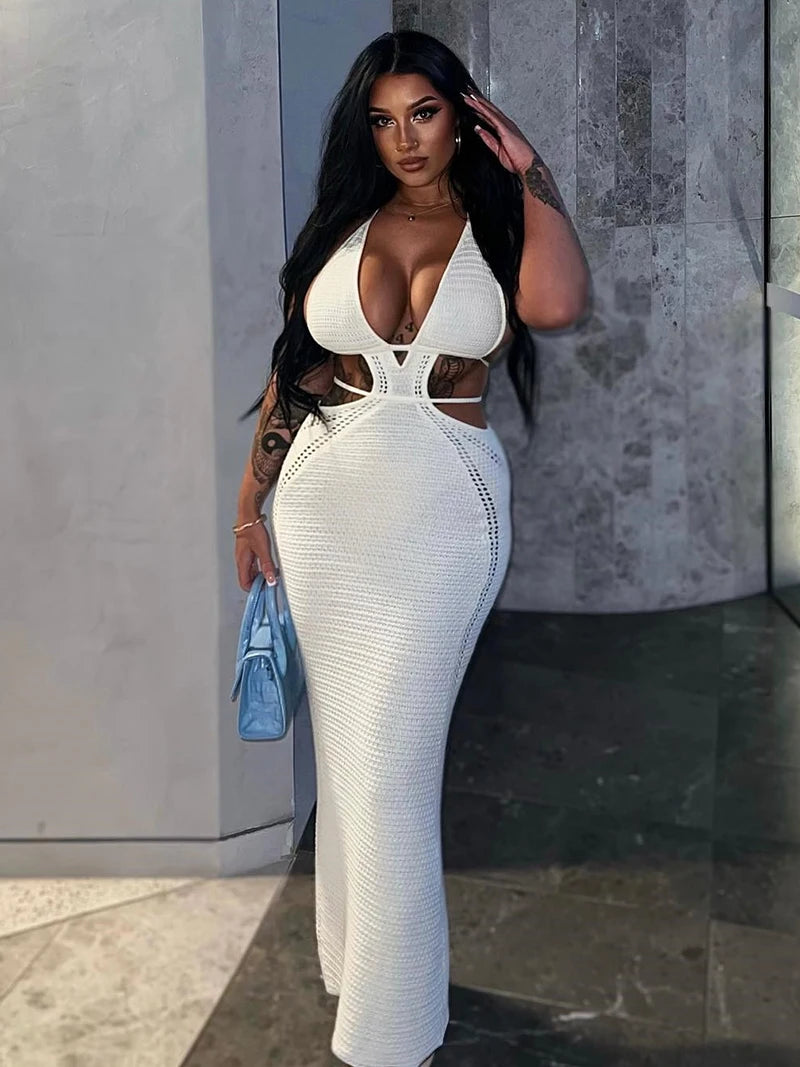 Hollow Out Halter Sexy Mini Dress Women Summer Sleeveless Backless Skinny Club Party Knit Tank Dress Vestido