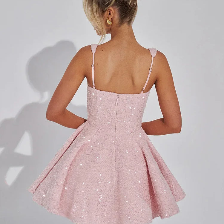 Sequins Bow Backless Sexy Mini Dress For Women Robe Fashion Square Collar Sleeveless High Waist A-line Club Dress