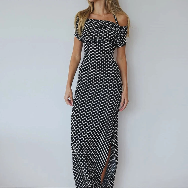 Off-shoulder Polka Dot Maxi Dress For Women Gown Fashion Halter Sleeveless Backless bodycon Split Long Dress Elegant