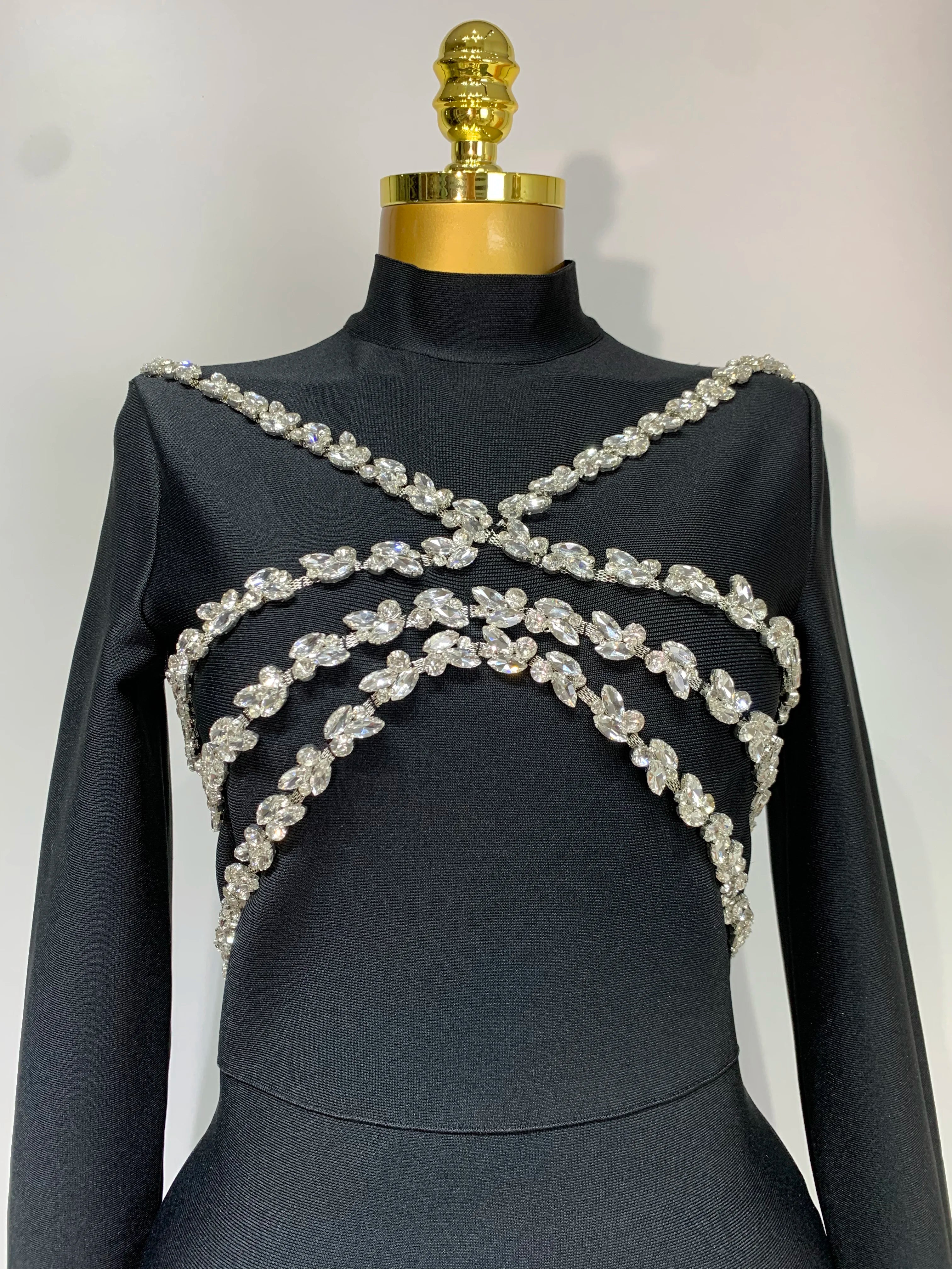 High Quality Women Long Sleeve Shinning Crystal Bodycon Long Bandage Dress Celebirty Elegant Evening Party Luxury Birthday Dress