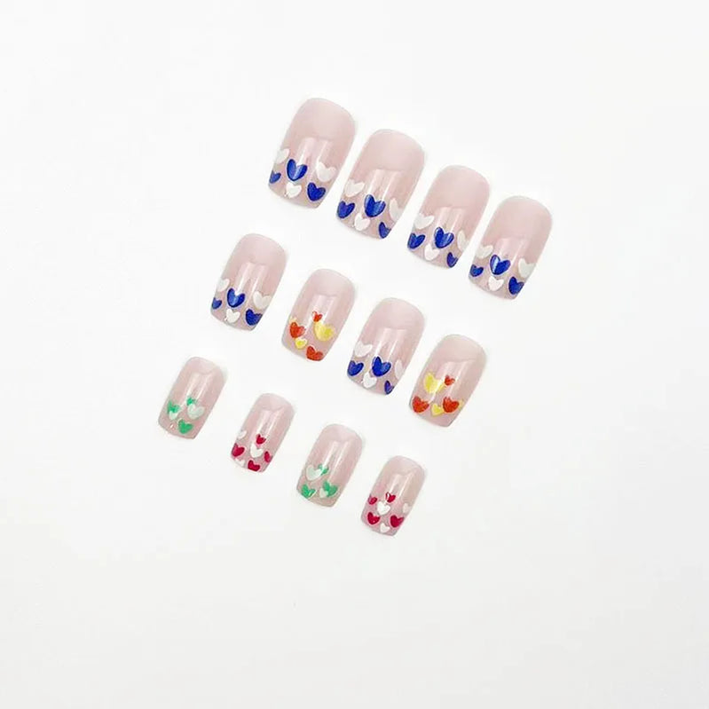 Short Square Fake Nails 24Pcs Nude Color Press On Nails Colorful Love Heart Printed Women Girls Valentine's Day Charm Manicure