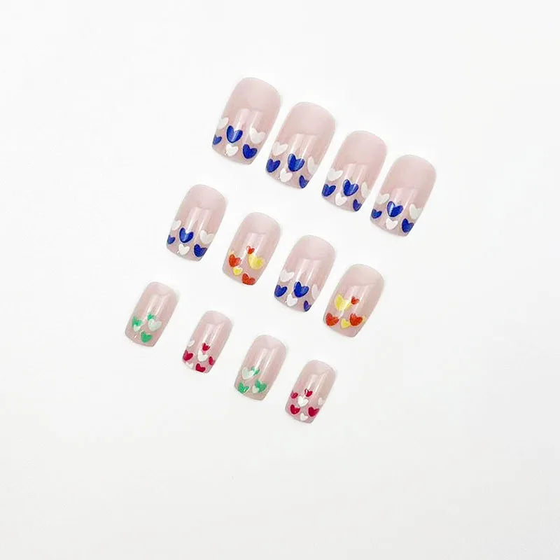 Short Square Fake Nails 24Pcs Nude Color Press On Nails Colorful Love Heart Printed Women Girls Valentine's Day Charm Manicure