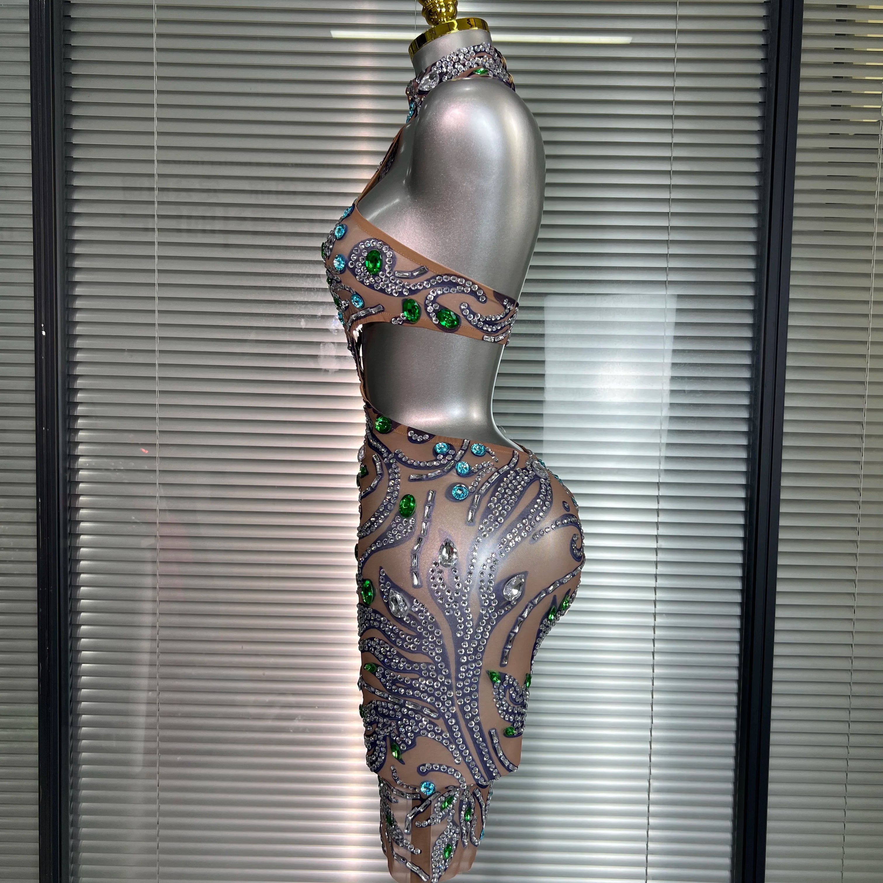 Celebrity New Women Sexy Print Mesh Sheer Crystal Rhinestones Stage Costume Stage Dancer Night Club Mini Party Dress