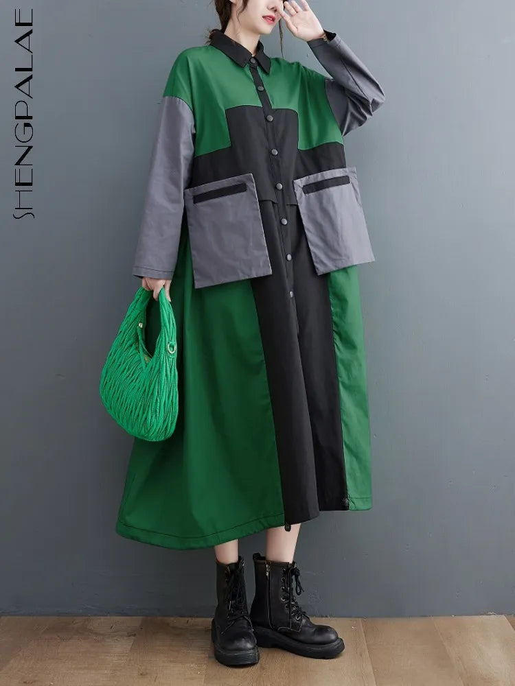 Patchwork Shirt Dresses For Women's Autumn Spring Minority Y2k Contrast big size Dress With Long Sleeve
