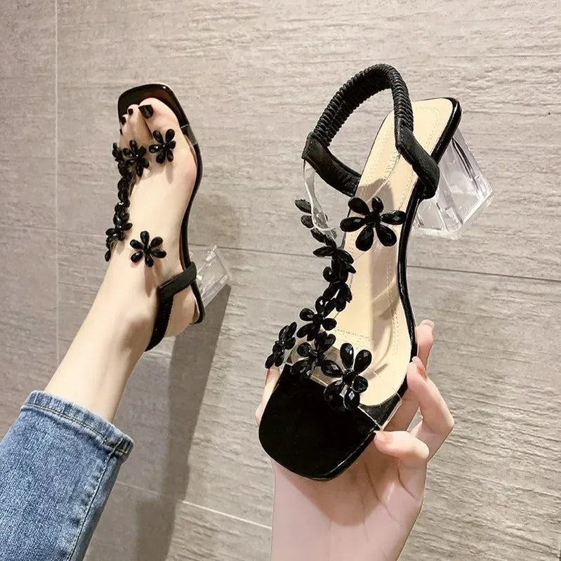 Sandals Women Summer Fashion Women's Sandals Flowers Rhinestone Sandals Transparent Root Open Toe Woman Heeled Shoes