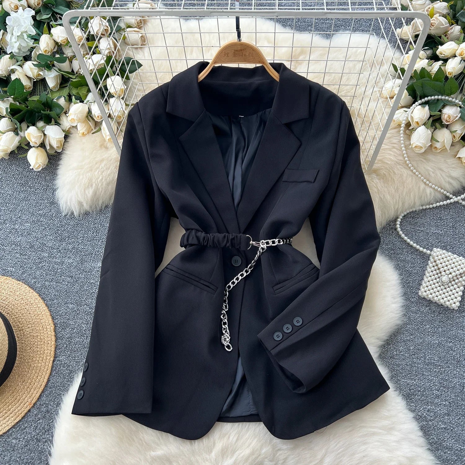 Chic Notched Collar Women Vintage Long Sleeve Slim Button Sashes Suit French Fashion Office Lady High Street Autumn Elegant Top black