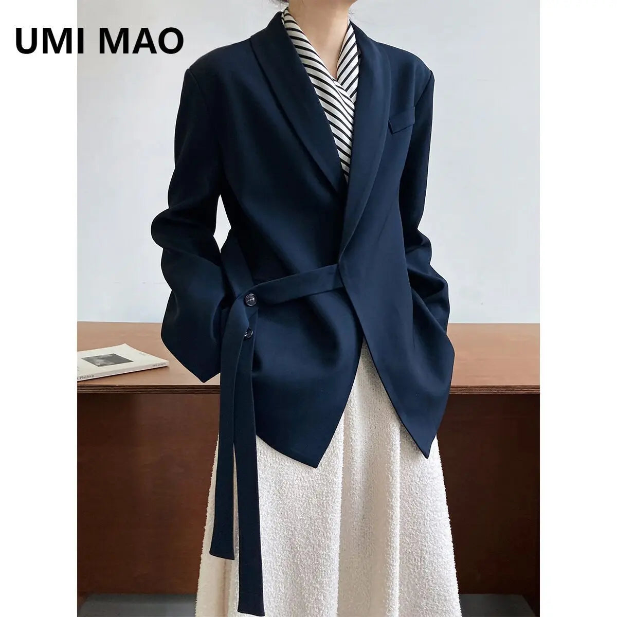 UMI MAO Advanced Design Sense Blue Fruit Neck Blazers Coat Women's Loose Fashion Drop Sense Lace-up Blazer Top Femme Y2K