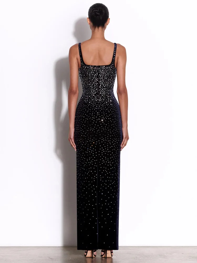 Women Sexy V Neck Diamonds Beading Black Maxi Long Celebrity Bodycon Bandage Dress 2025 Elegant Evening Club Party Dress