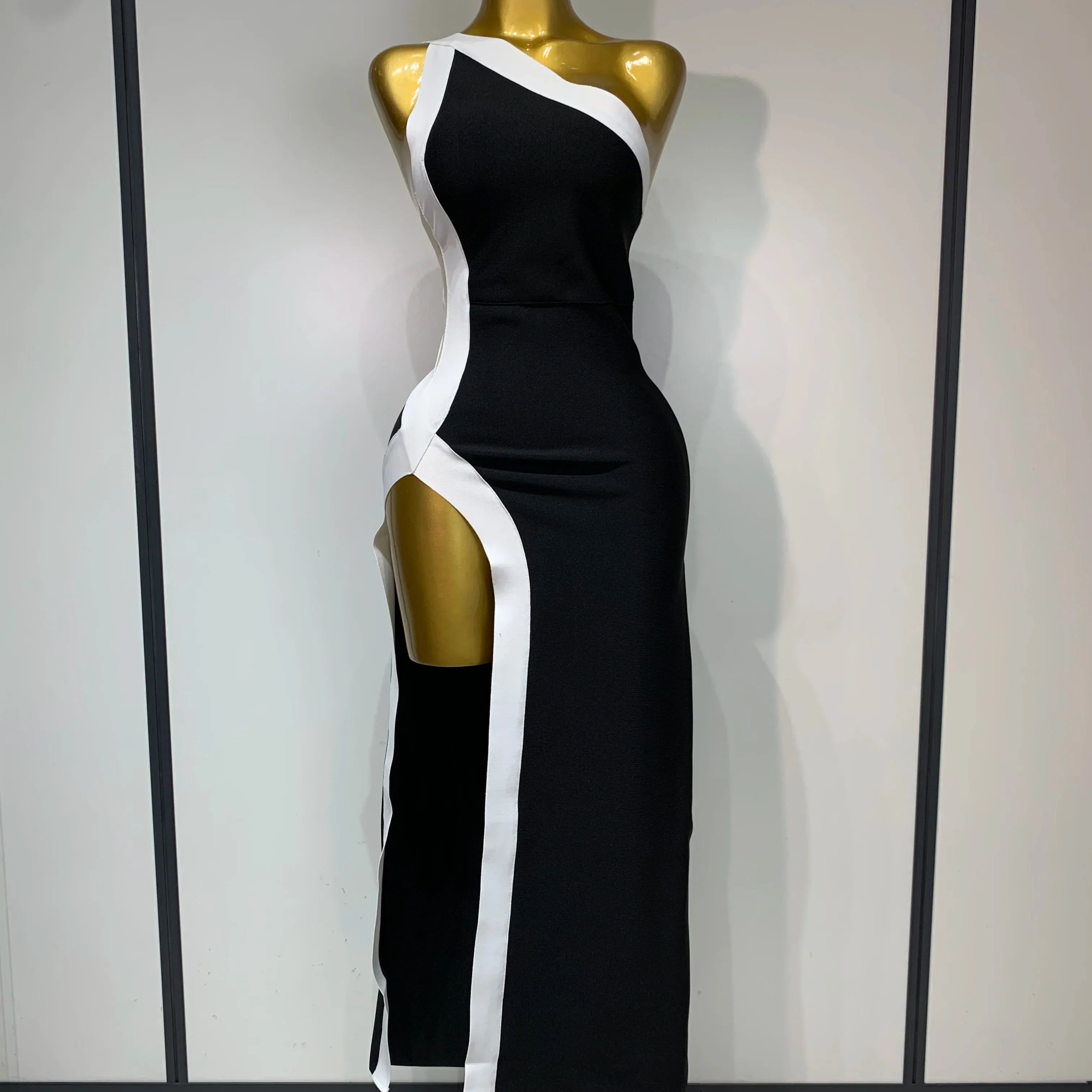 Women Sexy One Shoulder Split Black White Patchwork Bandage Bodycon Dress  Celebrity Elegant Evening Party Birthday Outfit