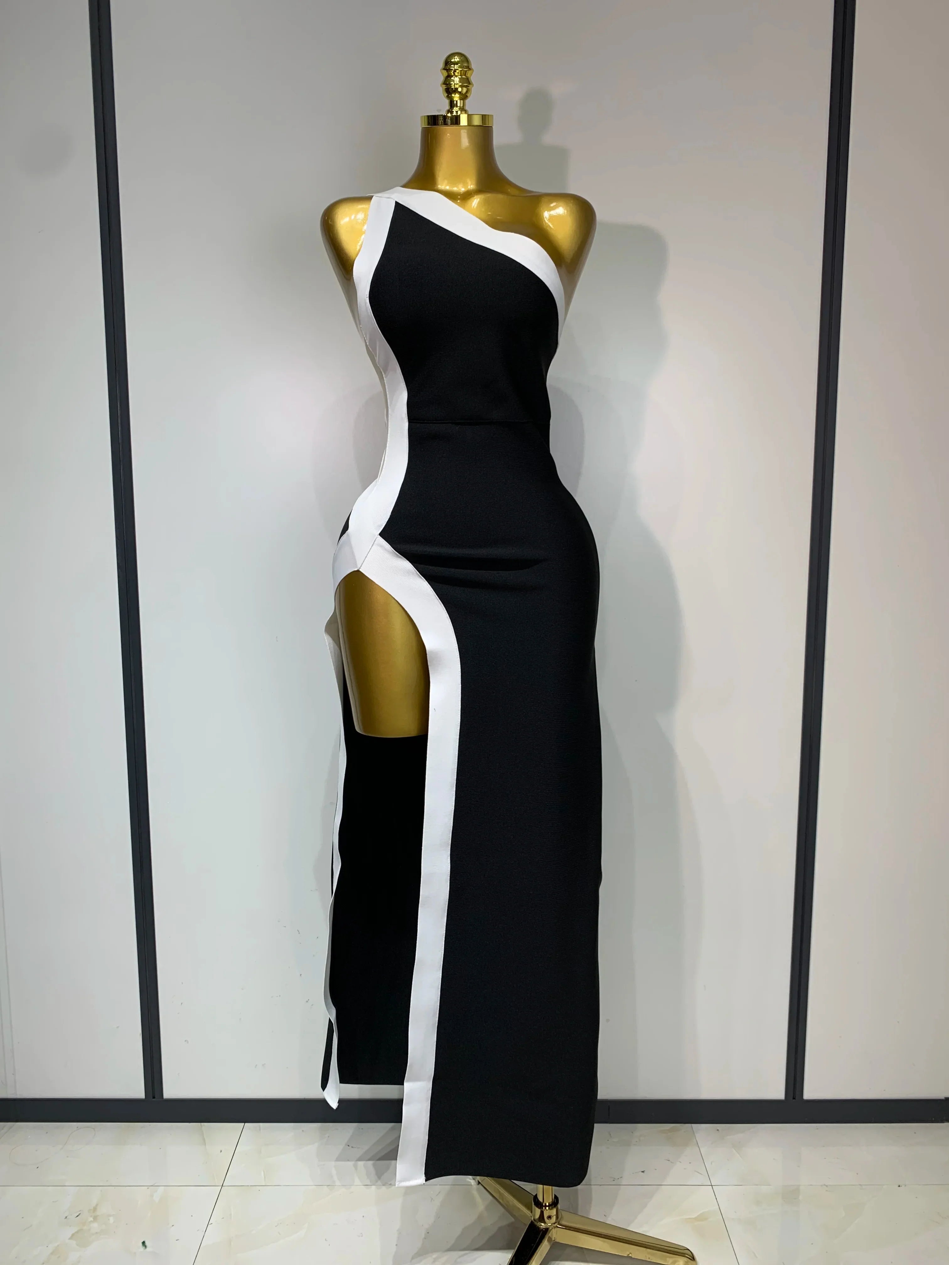 Women Sexy One Shoulder Split Black White Patchwork Bandage Bodycon Dress  Celebrity Elegant Evening Party Birthday Outfit