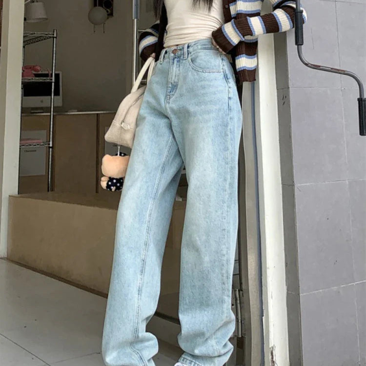 QWEEK Vintage 90s Jeans Women Y2k High Waist Light Blue Straight Pants Casual Streetwear Distressed Loose Floor Length Trousers