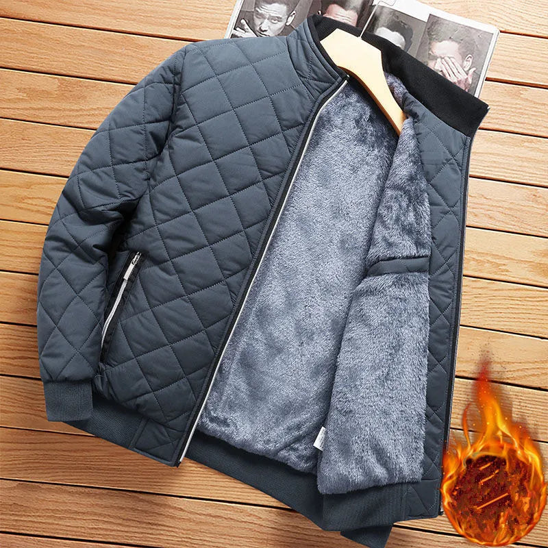 Autumn Winter Bomber Jacket Men Diamond Pattern Fleece Lined Casual Jacket Men Fashion Clothing 2023 Brand New Slim Fit Coat J2188 grey
