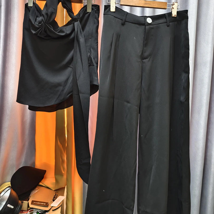 TWOTWINSTYLE Solid Loose Two Piece Sets for Women Halter Neck Sleeveless Irregular Top High Waist Wide Leg Pants Set Female New