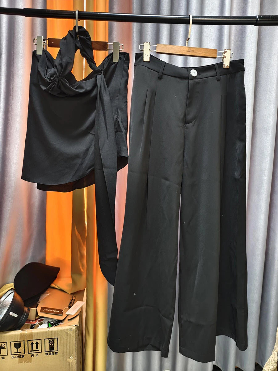 TWOTWINSTYLE Solid Loose Two Piece Sets for Women Halter Neck Sleeveless Irregular Top High Waist Wide Leg Pants Set Female New