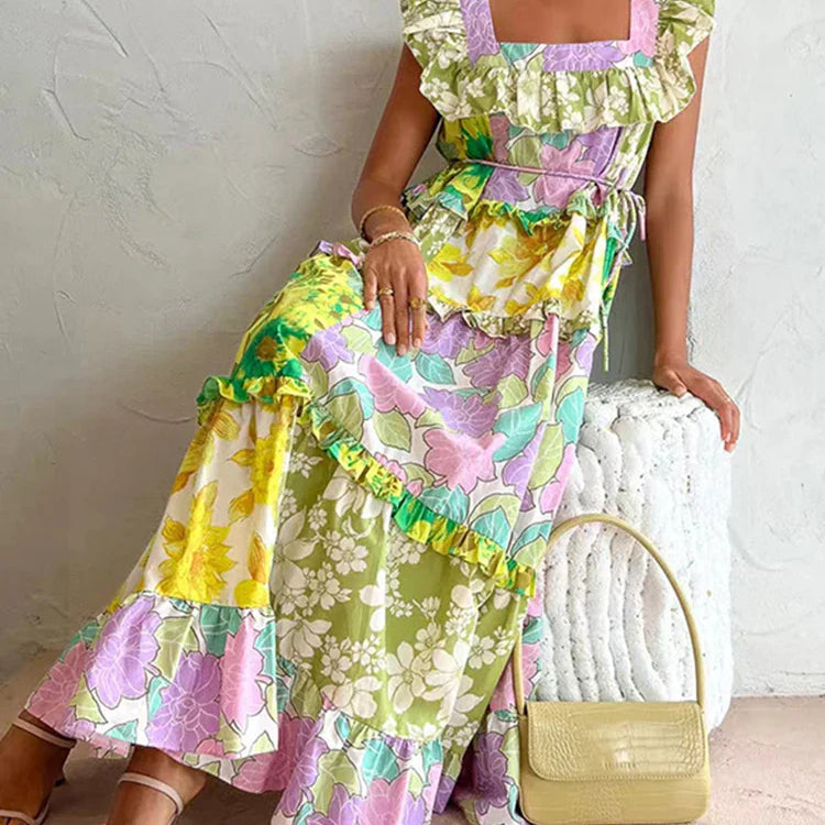 LGRQ Trendy Ruched Hemline Design Printed Long Dresses Summer Ruffle Fashion Sleeveless Elegant Luxury Dress Girls 19F1381