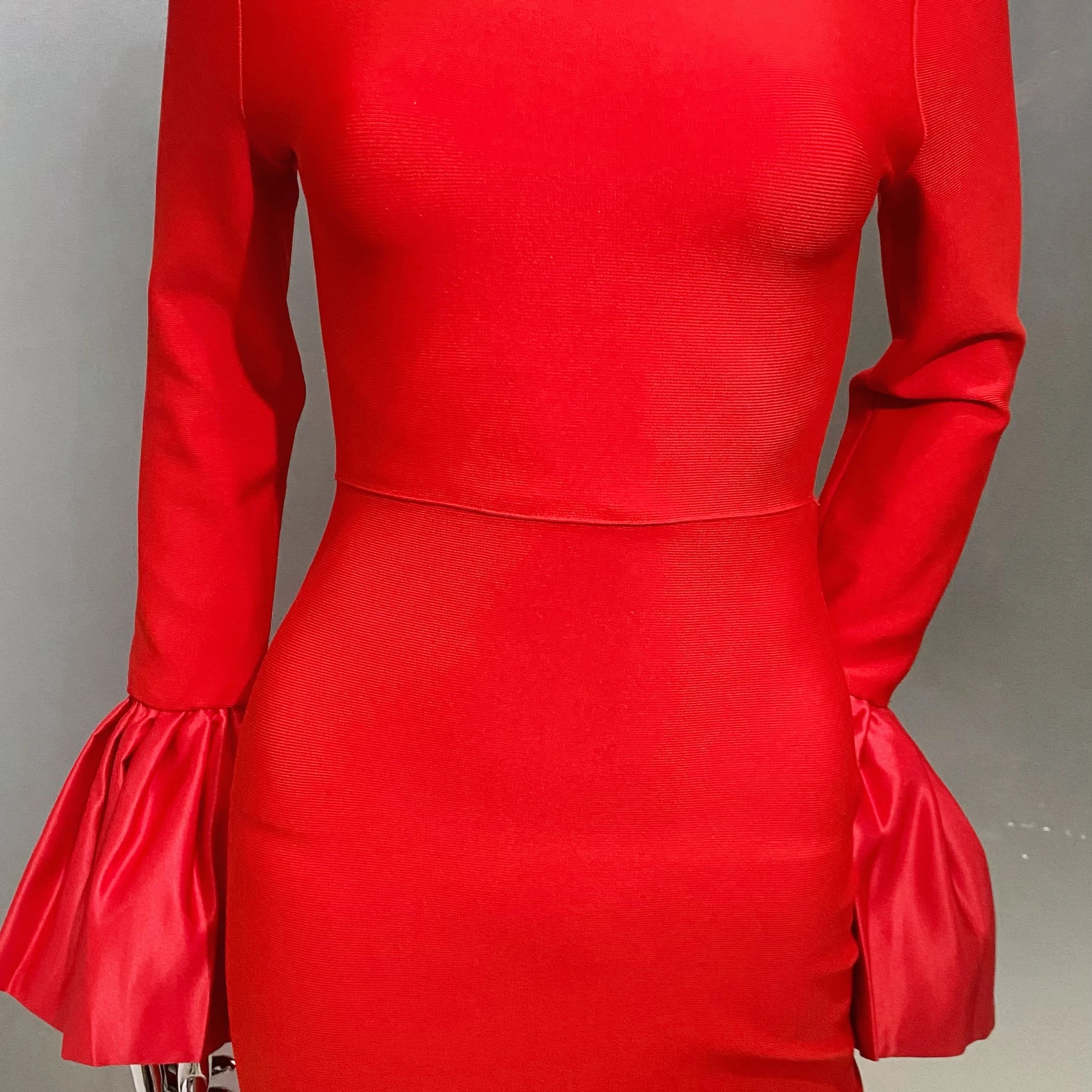 Red Color Women Flare Sleeve Shinning Crystal Necklace Bodycon Bandage Long Dress Elegant Evening Party Celebrate Dress