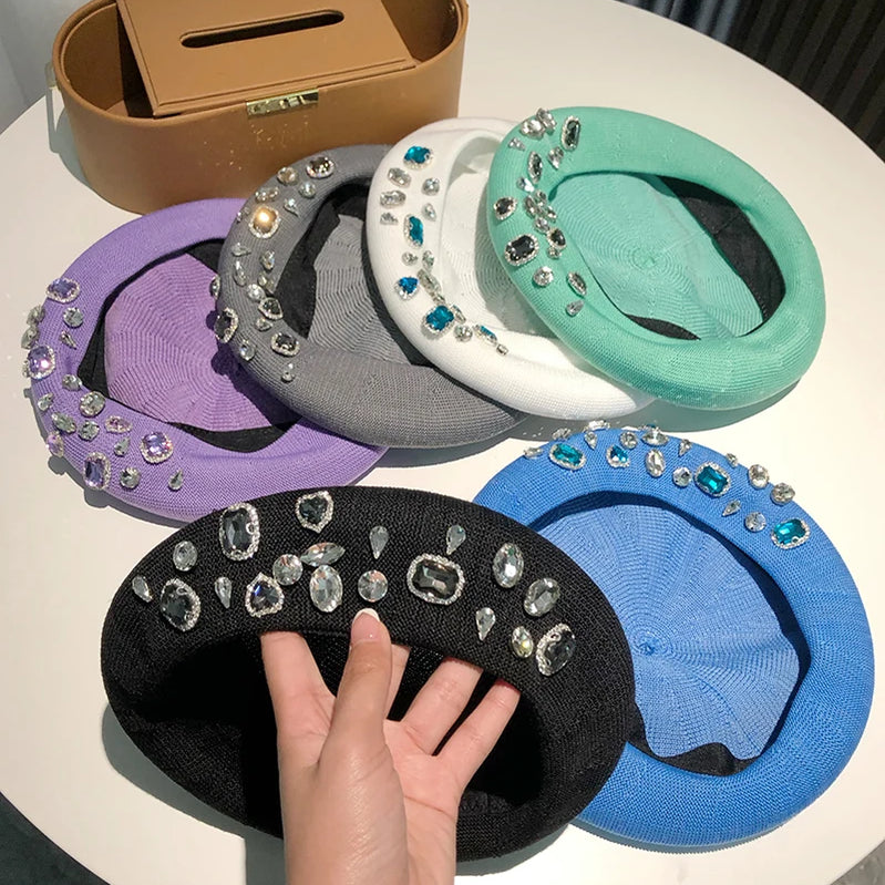 Berets Women Hat Brimless Stretchy Comfortable Rhinestone Y2K Cap Autumn Female Flat Color Cotton