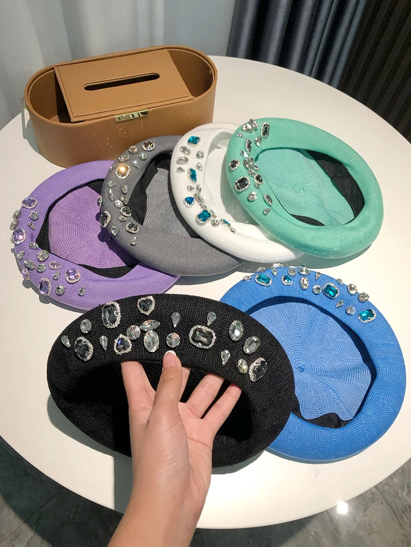 Berets Women Hat Brimless Stretchy Comfortable Rhinestone Y2K Cap Autumn Female Flat Color Cotton