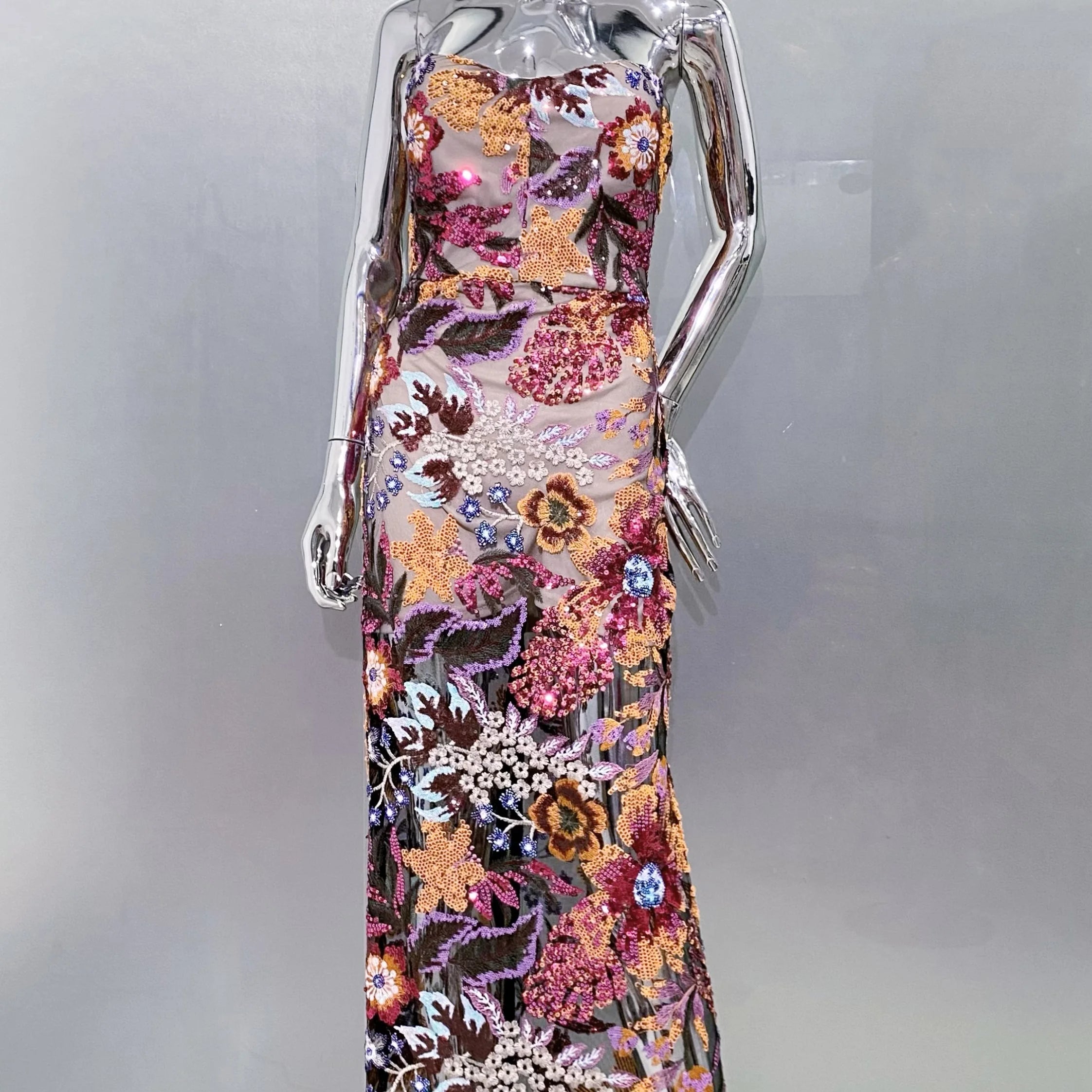 Sequin Flowers Embroidery Sexy Mesh See Through Strapless Ankle Length Dress Elegant Woman Evening Dress Celebrity Party Outfit