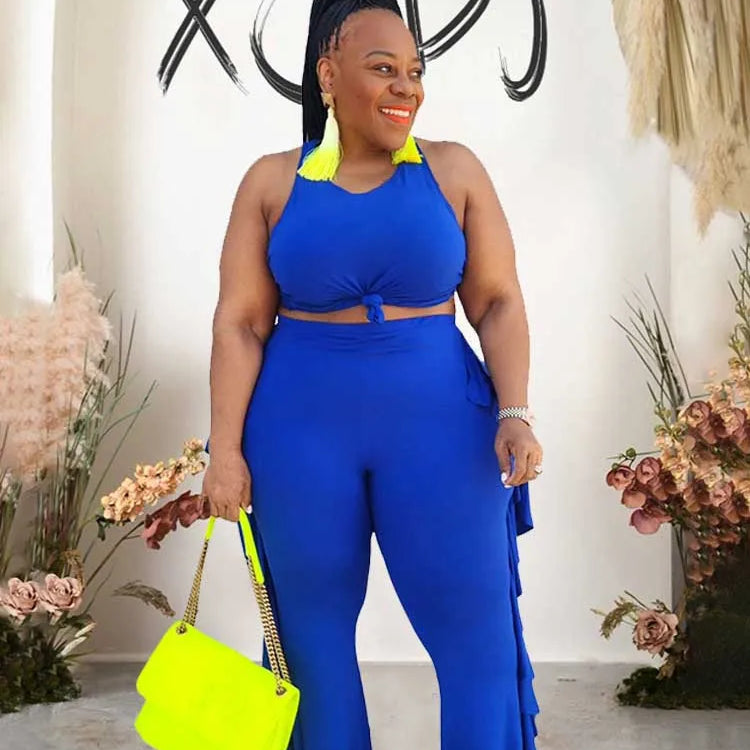 Style Plus Size Women Clothing Summer Two-piece Set Solid Color Tank Top Ruffle Pant Set Lady Trendy Suit Wholesale Dropshipping