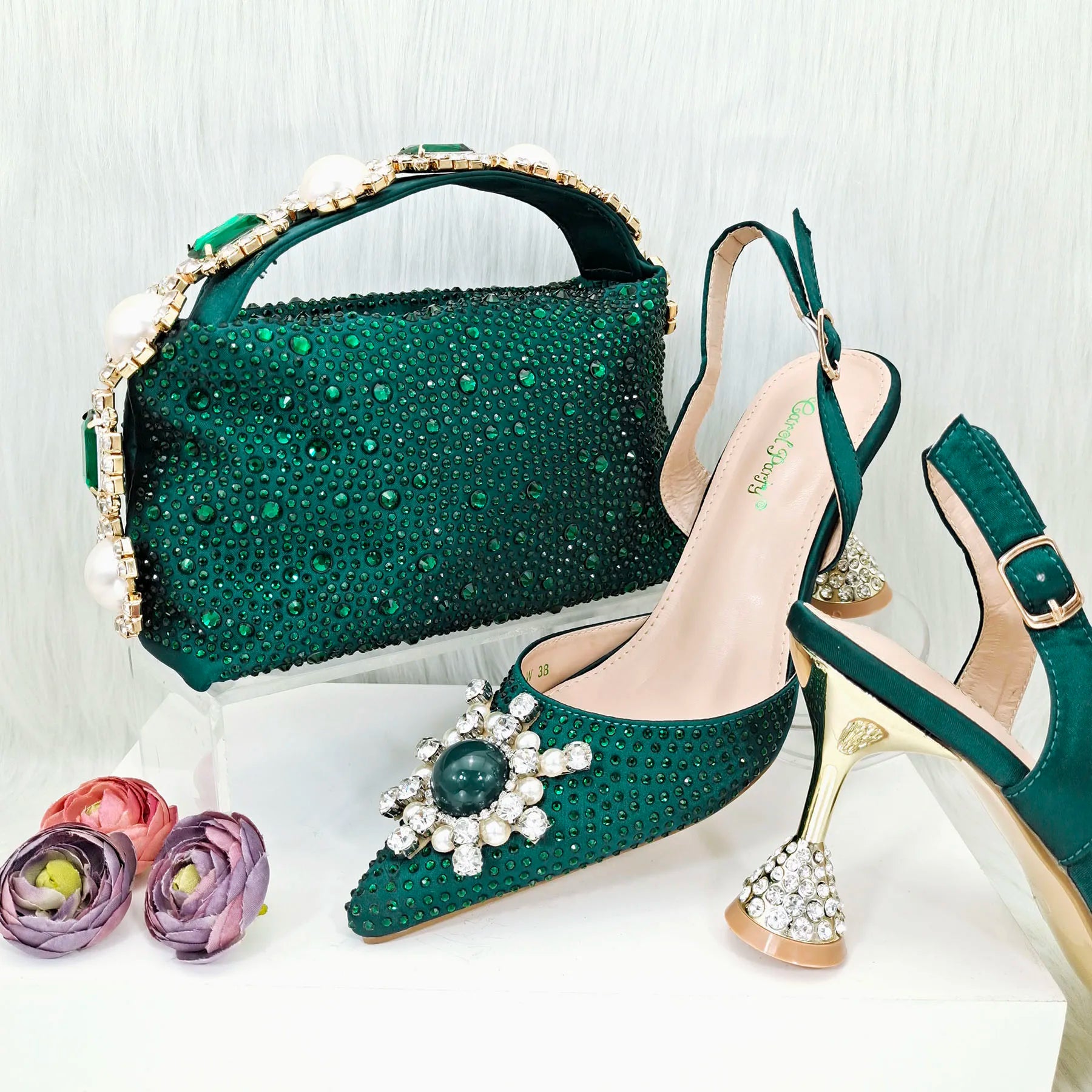 Gold Color Elegant Lady Shoes And Bag Set with Rhinestone Embellished Pearls-knot Wear-resistant And Comfortable Heel Green