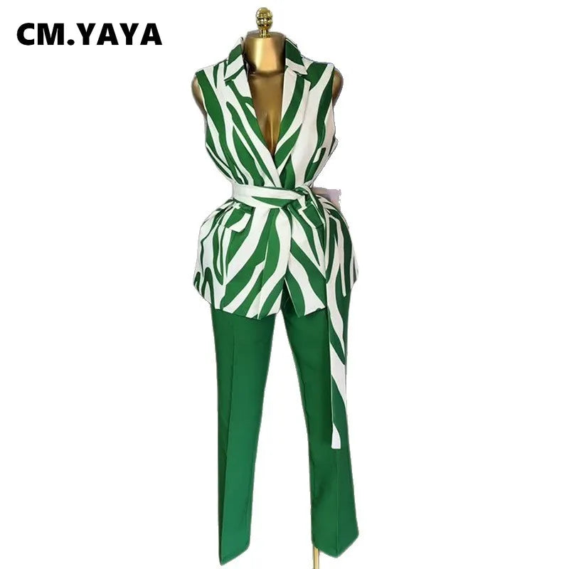 CM.YAYA Fashion Women's Set Sleeveless Notched Collar Blazer Tops and Pants Sets 2025 Summer OL Street Two 2 Piece Sets Outfits