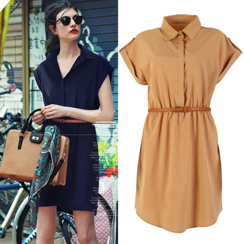 Women Dress A-Line Chiffon Casual Fashion Short Sleeve OL Dress With Belt Dresses