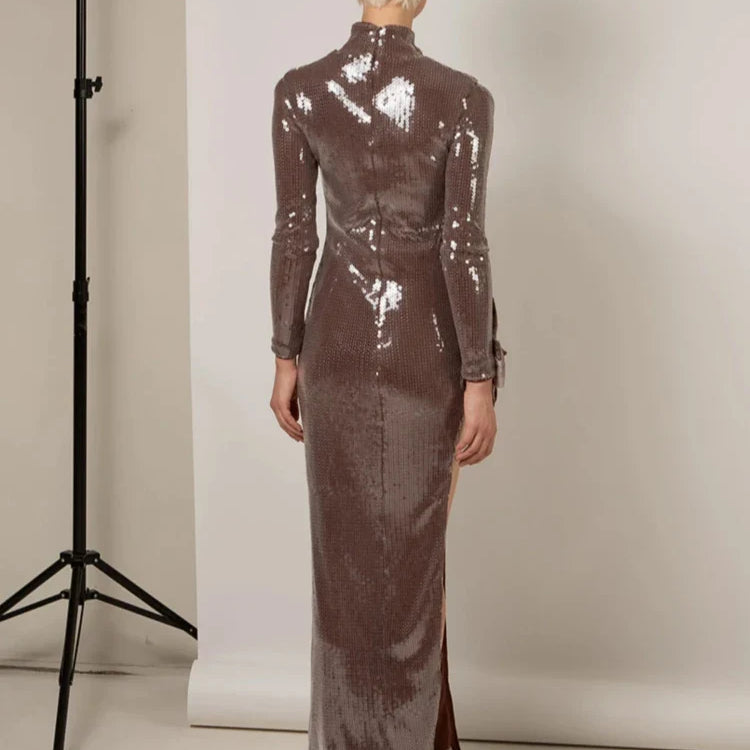 Brown Shinning Sequins Womne Long Sleeve Sexy Florals Bodycon Long Dress High Split Nightclub Party Celebrate Birthday Dress