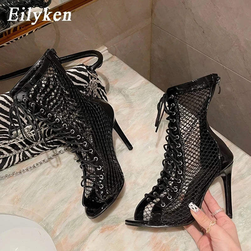 Fashion Design Mesh High Heel Women Boots Sandals Sexy Peep Toe T-tied Stripper Pole Dancing Stiletto Shoes Black