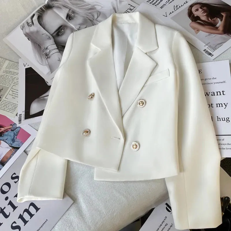Spring Women's Cropped Blazer Jackets Casual Loose Long Sleeve Suit Coat Woman Korean Chic Double-Breasted Outerwear Beige