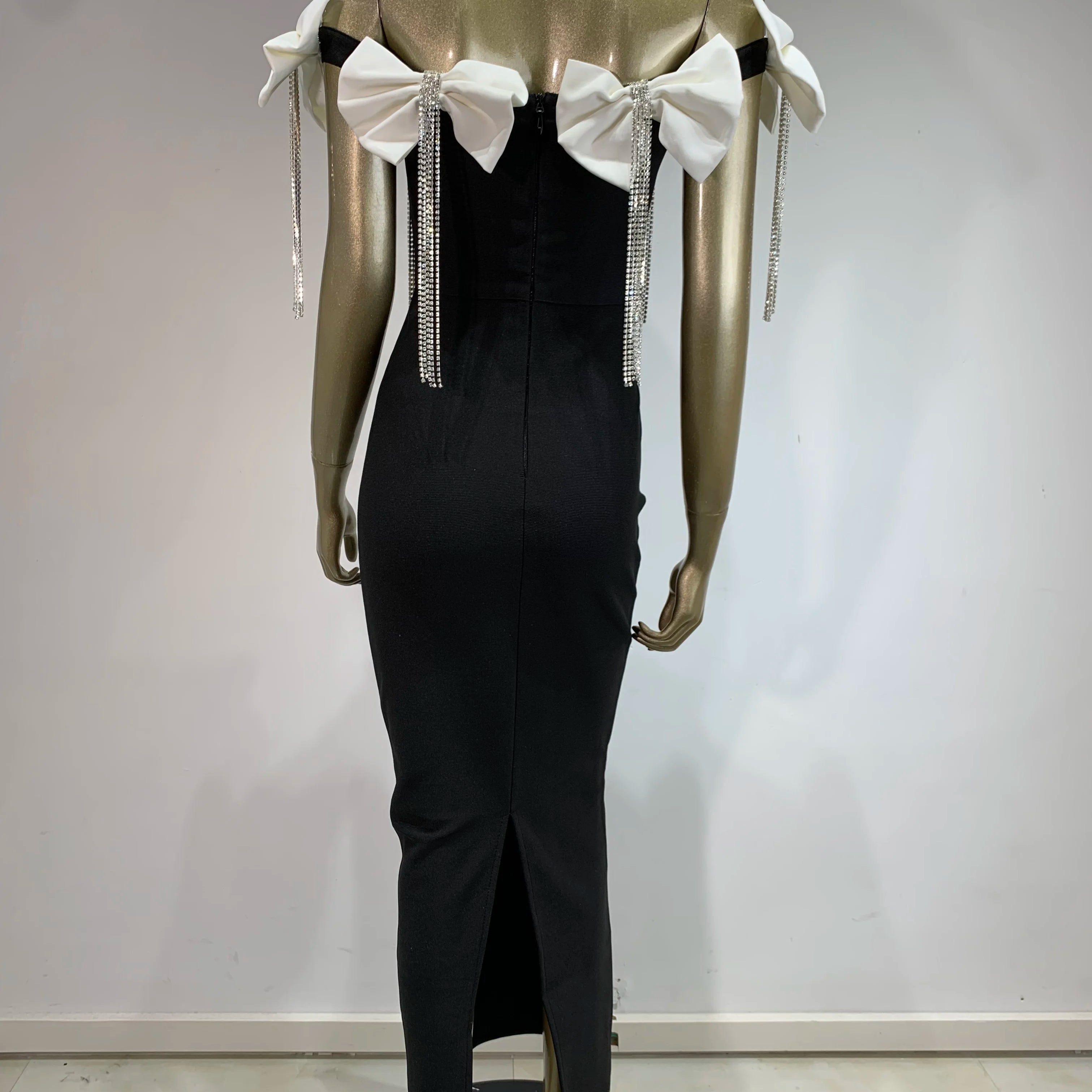 Women Sexy Off the Shoulder Bodycon Bandage Long Dress Bow Chain Elegant Evening Party Celebrate Birthday Dress