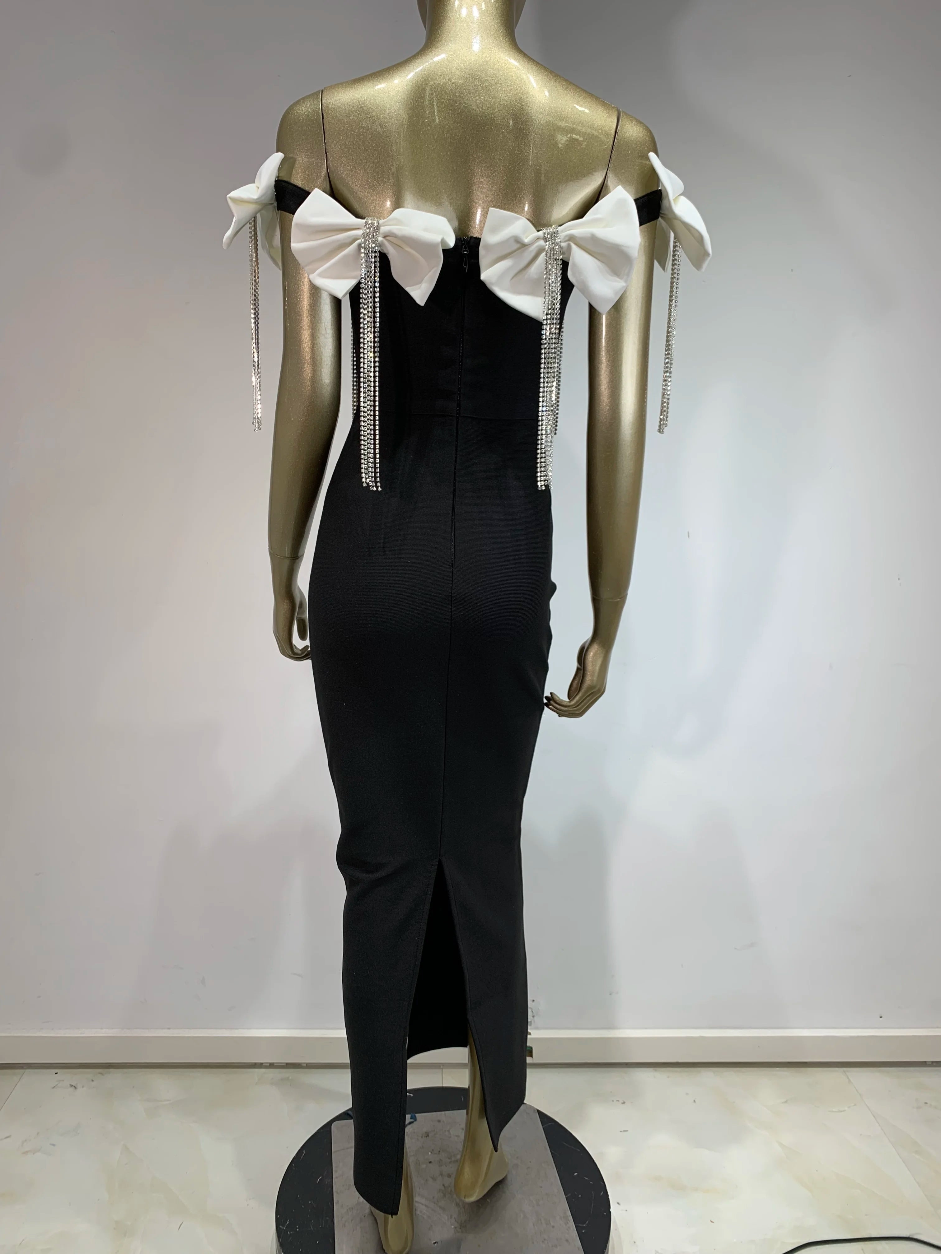 Women Sexy Off the Shoulder Bodycon Bandage Long Dress Bow Chain Elegant Evening Party Celebrate Birthday Dress