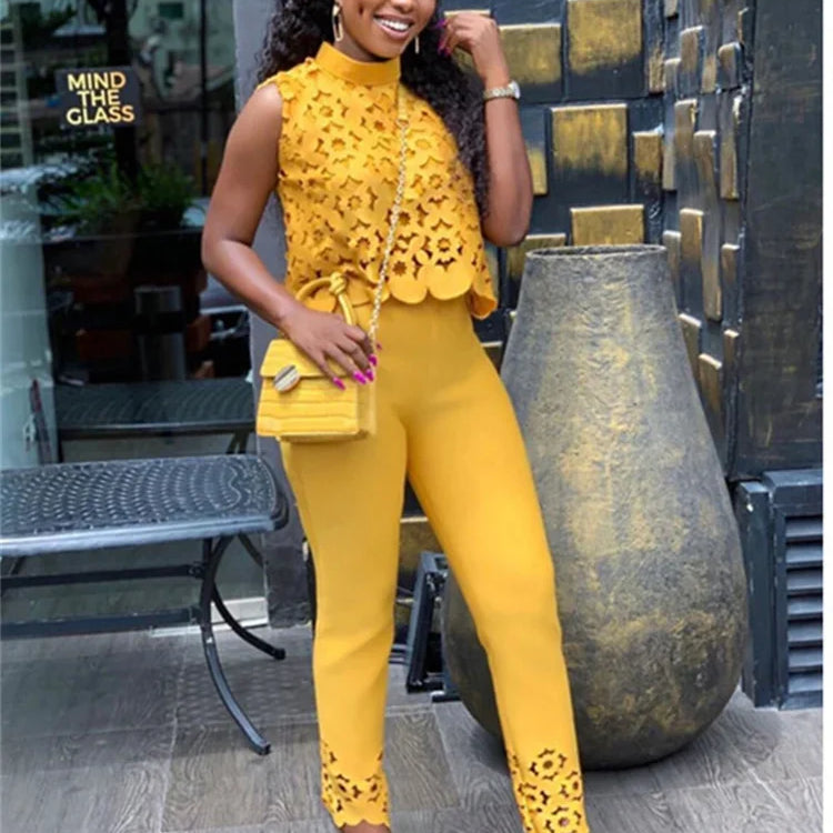 Wmstar Women Two Piece Set Plus Size Summer Fashion Sleeveless Casual Outfits Solid Color Holiday Long Pants Office Streetwear