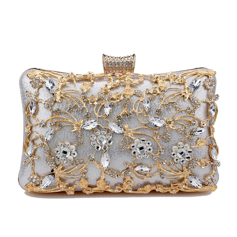 Rhinestones Women Bags Hollow Out Style Fashion Evening Bags Chain Shoulder Handbags Party Wedding Day Clutch Purse YM3106silver