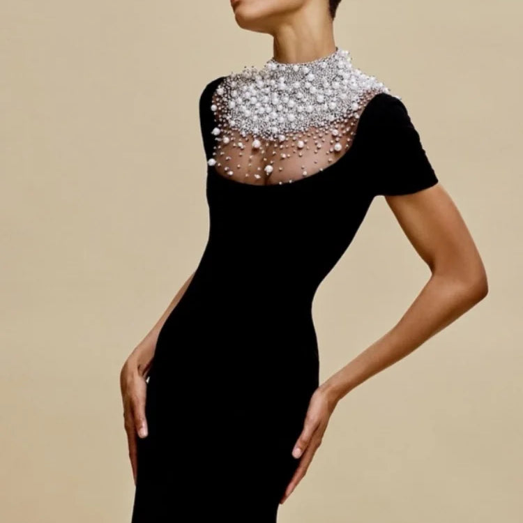 Women Short Sleeve Pearl Beading Velvet Bodycon Long Dress Elegant Evening Party Celebrate Cocktail  Dress
