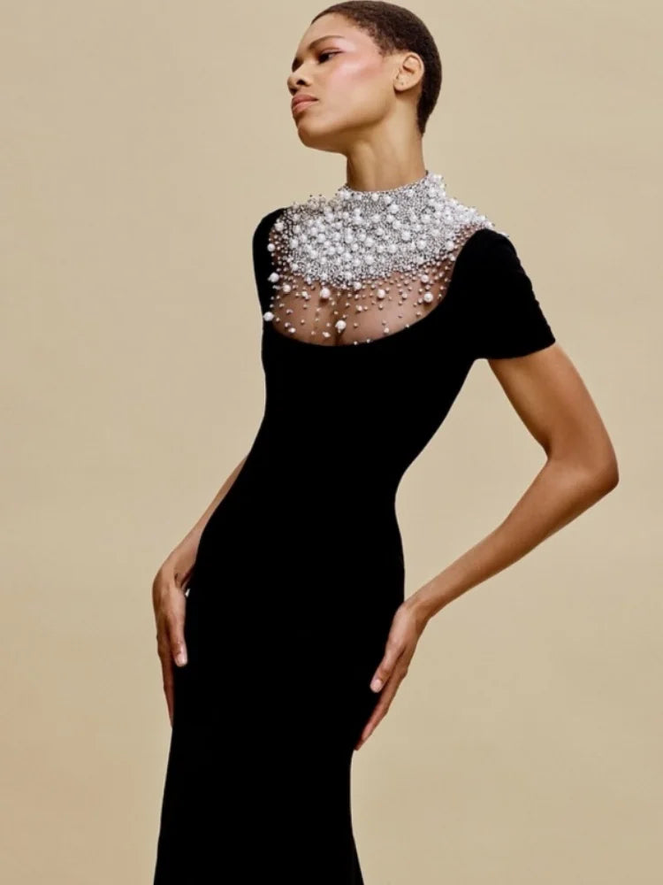 Women Short Sleeve Pearl Beading Velvet Bodycon Long Dress Elegant Evening Party Celebrate Cocktail  Dress