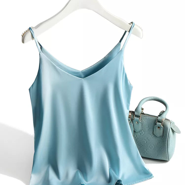 Spaghetti Strap Top Women Halter V Neck Basic White Cami Sleeveless Satin Silk Tank Tops Women'S Summer Camisole Blue
