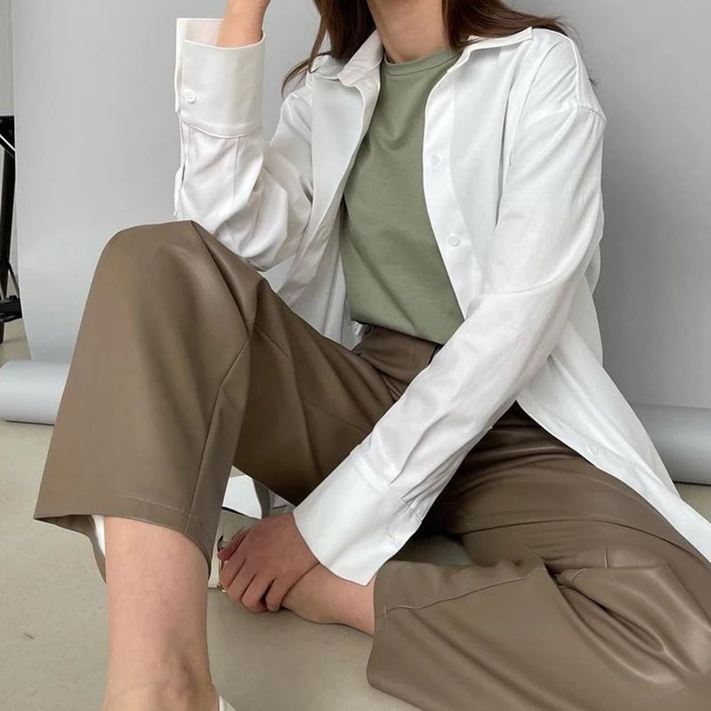 Autumn Winter Loose Straight Leather Pants Women High Waisted Faux Leather Trousers Female Vintage Black Pants