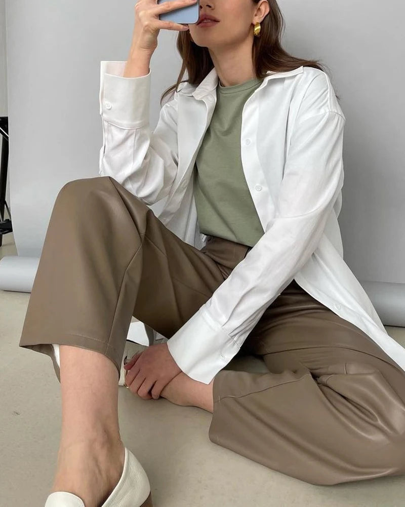 Autumn Winter Loose Straight Leather Pants Women High Waisted Faux Leather Trousers Female Vintage Black Pants