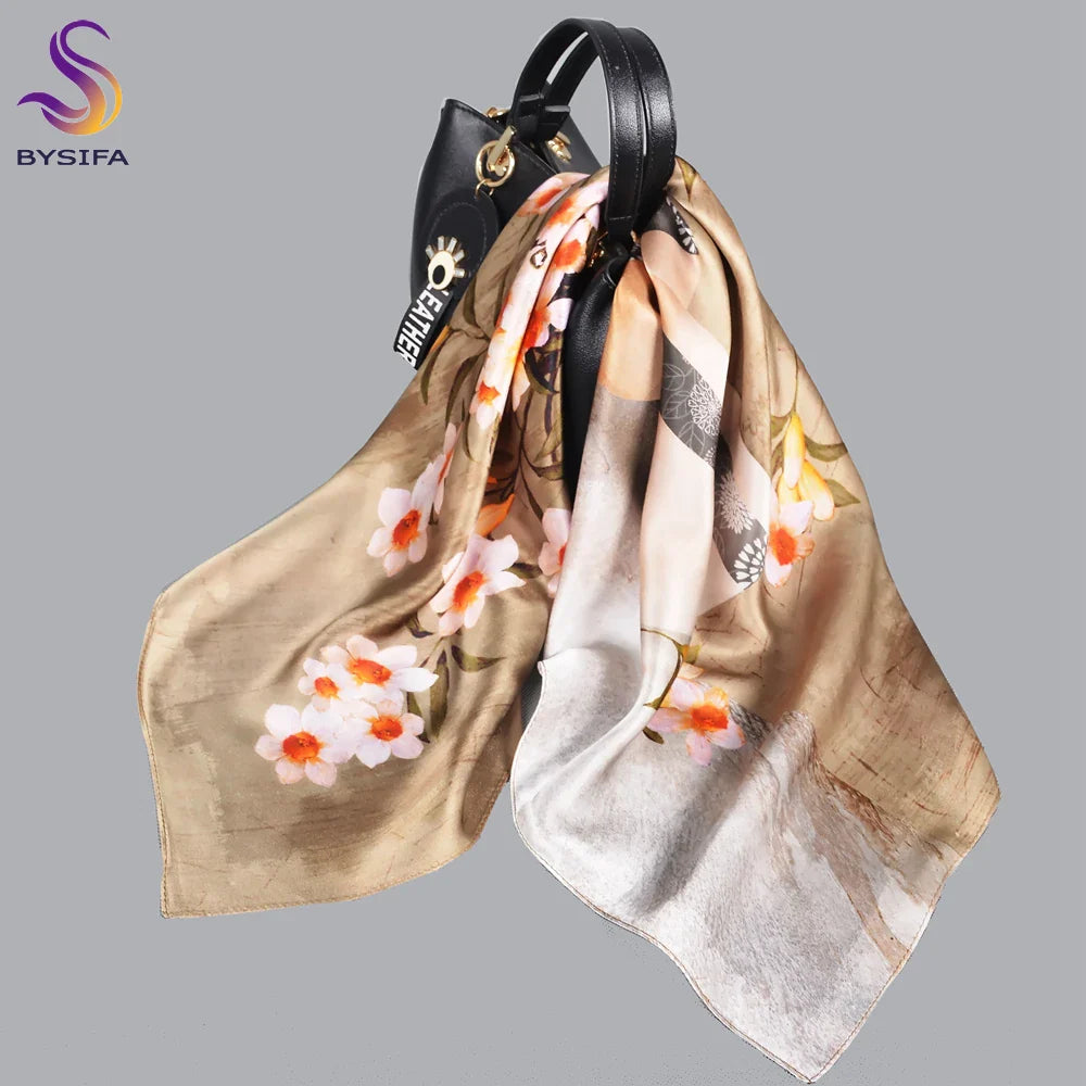 BYSIFA| New Grey Blue Silk Scarf Fashion Floral Design 70cm Square Scarves Fall Winter Neck Scarf Hijab Sweet Headband 65*65cm khaki