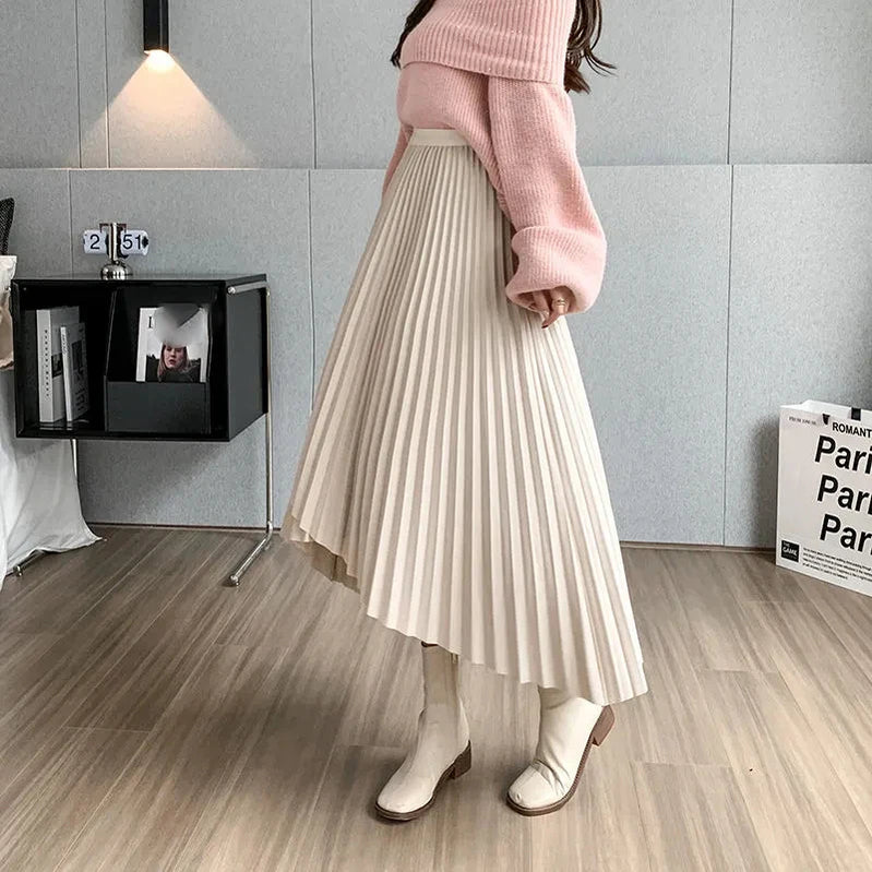 Vintage Streetwear Pleated Skirts Female Autumn Winter High Waist Irregular Long Skirt Women Fashion A Line Midi Skirts
